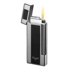 Caseti Ravensdale Chrome Plated Vertical Lines and Black Lacquer Flint Traditional Flame Lighter